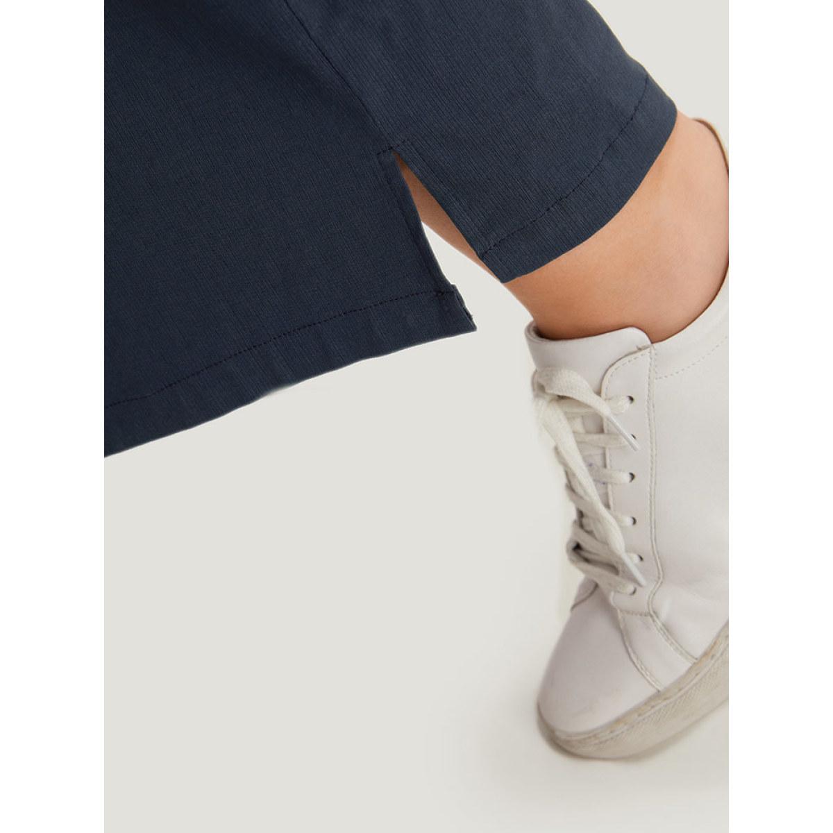 Plus Size Plain Pocket Drawstring Split HemWide leg Pants Women Indigo Office Loose Mid Rise Office Pants BloomChic 26/4X Product Image