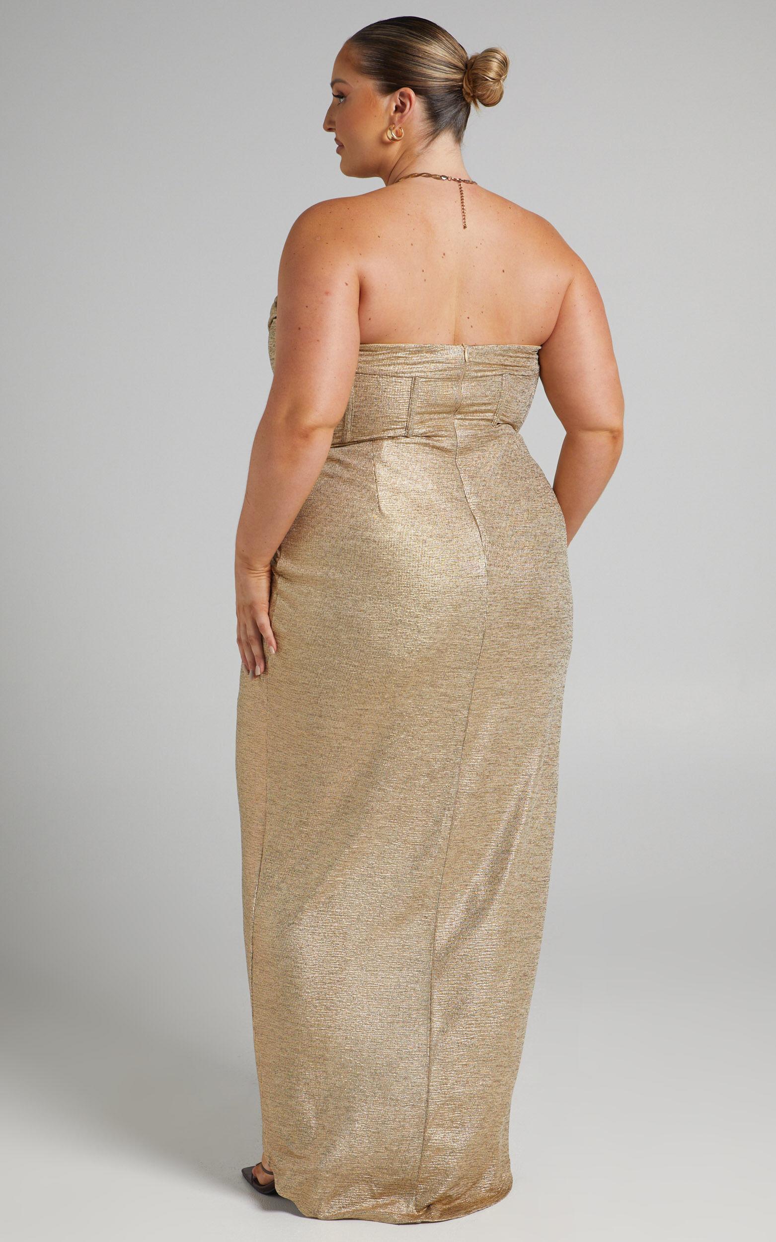 Adrie Midi Dress - Strapless Corset Bodice Dress in Gold Product Image