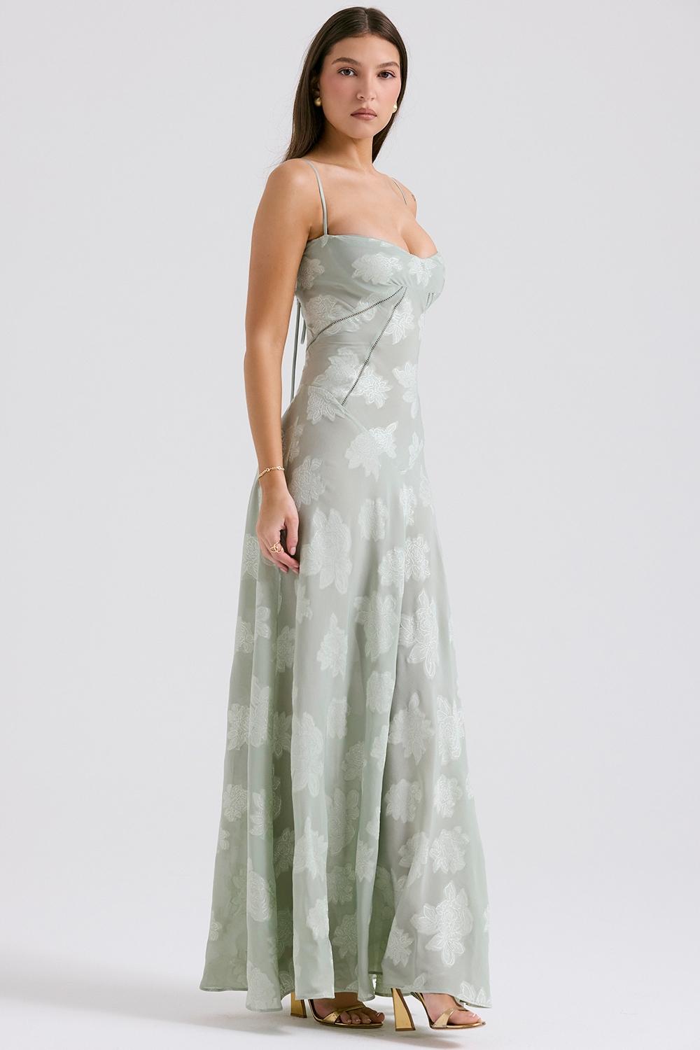 Seren  pistachio floral lace back maxi dress Product Image