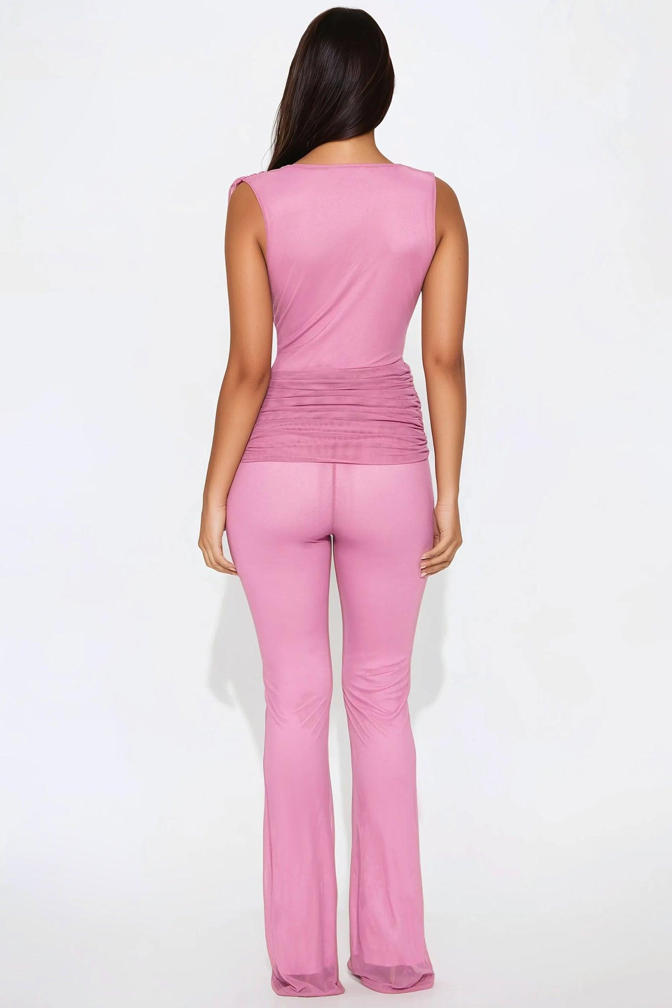 Keeping Tabs Mesh Flare Jumpsuit - Pink Product Image