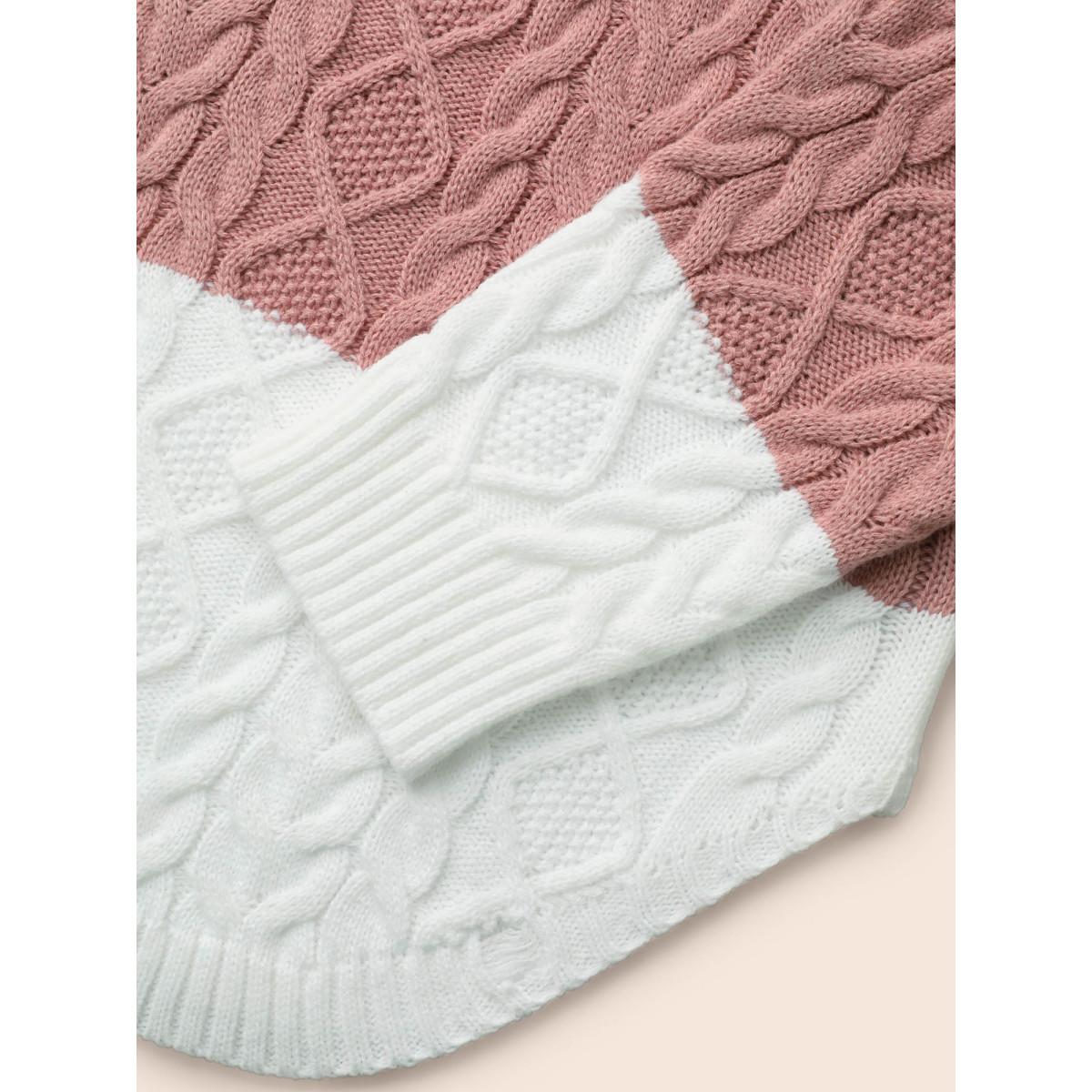 Plus Size Contrast Cable Knit Arc Hem Pullover Lilac Women Casual Loose Long Sleeve Round Neck Everyday Pullovers BloomChic 28/5X Product Image