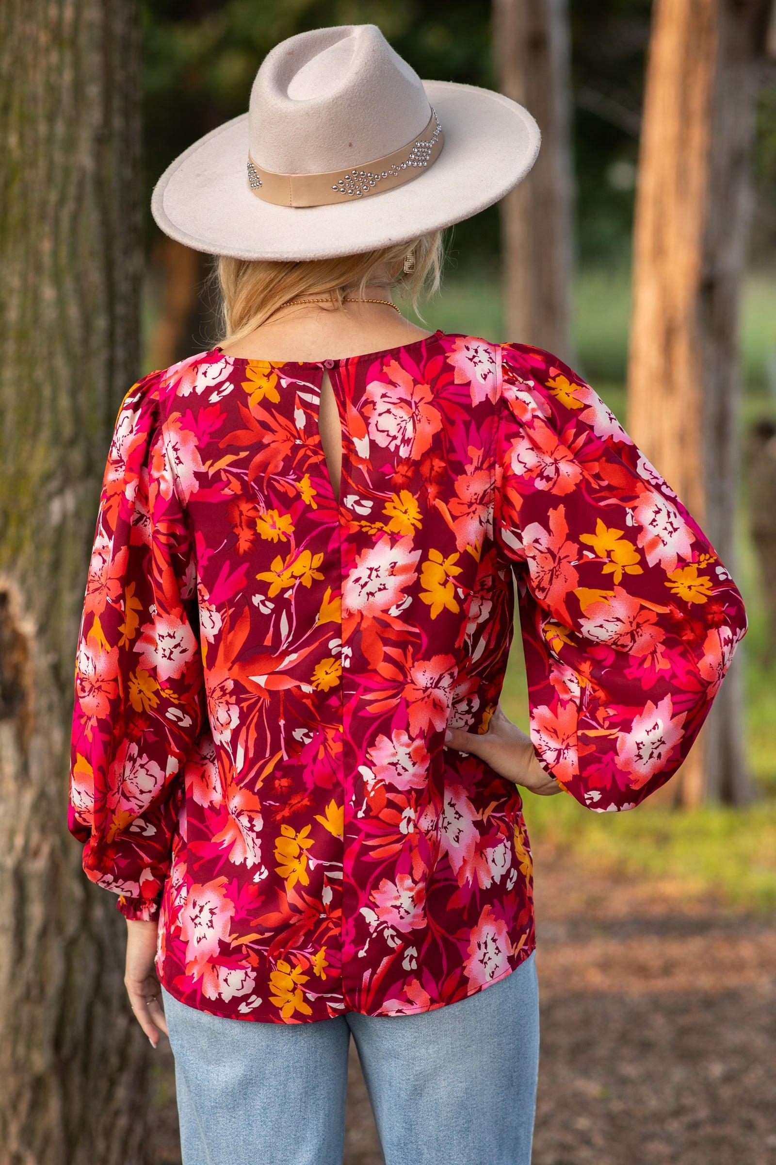 Burgundy and Orange Floral Smocked Cuff Top Product Image