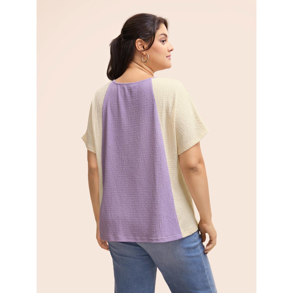 Plus Size Texture Patchwork Contrast Dolman Sleeve T-shirt Lilac Women Elegant Texture Round Neck Everyday T-shirts BloomChic 12/L Product Image