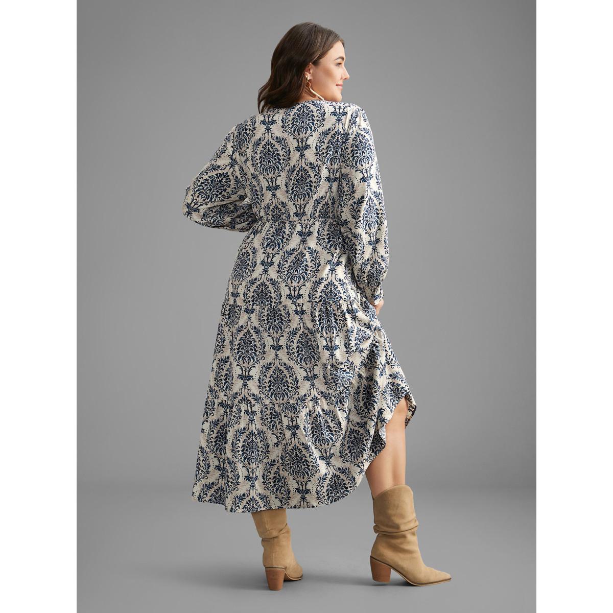 Plus Size V Neck Boho Print Ruffles Maxi Dress DarkBlue Women Resort Ruffles V-neck Long Sleeve Curvy BloomChic 28/5X Product Image