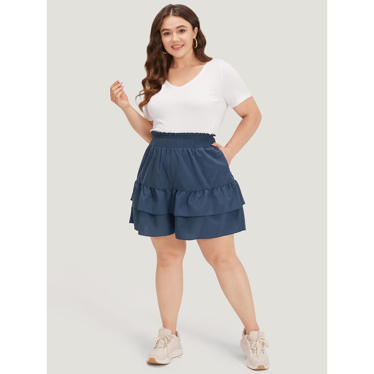 Plus Size Solid Paperbag Waist Shirred Layered Hem Shorts Women Indigo Casual Plain Dailywear Shorts BloomChic 30/6X Product Image