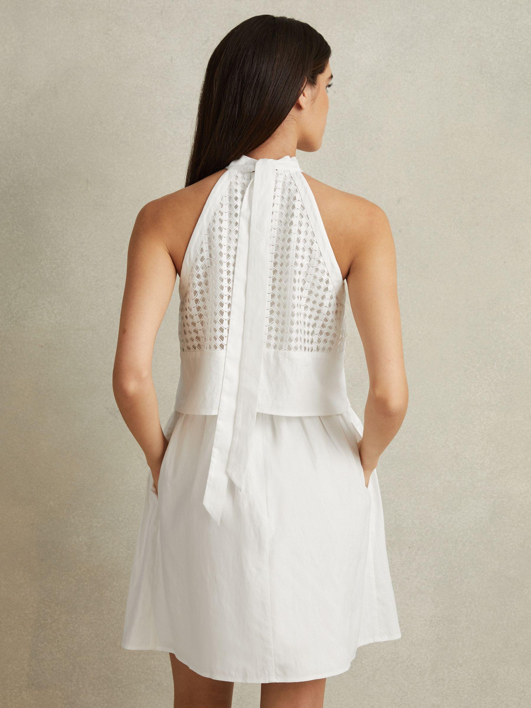 Broderie Halter Neck Mini Dress With Linen in White Product Image