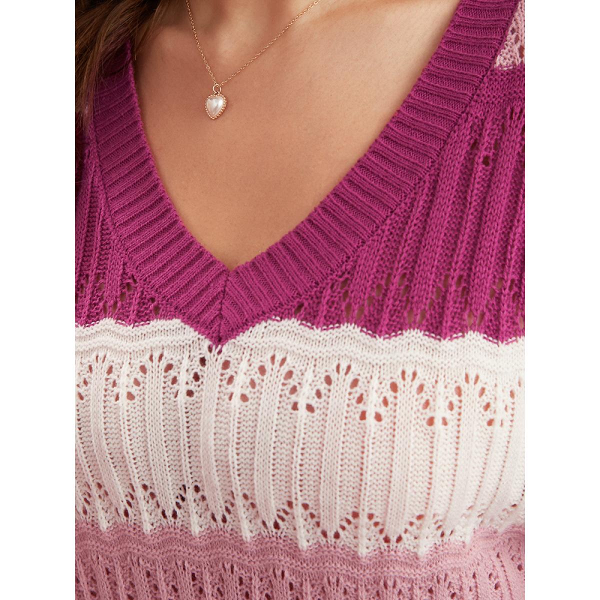 Plus Size Colorblock Contrast Pointelle Knit Cut Out V Neck Knit Top Multicolor Women Casual Loose Long Sleeve V-neck Dailywear Pullovers BloomChic 14-16/1X Product Image