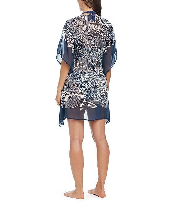 Bleu Rod Beattie Bali Breeze Tropical Print V-Neck Flutter Sleeve Caftan Swim Cover-Up Product Image
