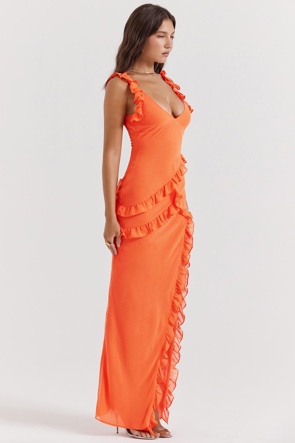 Pixie  flame orange ruffle maxi dress Product Image
