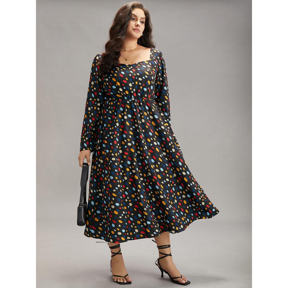 Plus Size Contrast Polka Dot Pocket Long Sleeve Dress Black Women Elegant Printed Square Neck Long Sleeve Curvy Midi Dress BloomChic 12/L Product Image