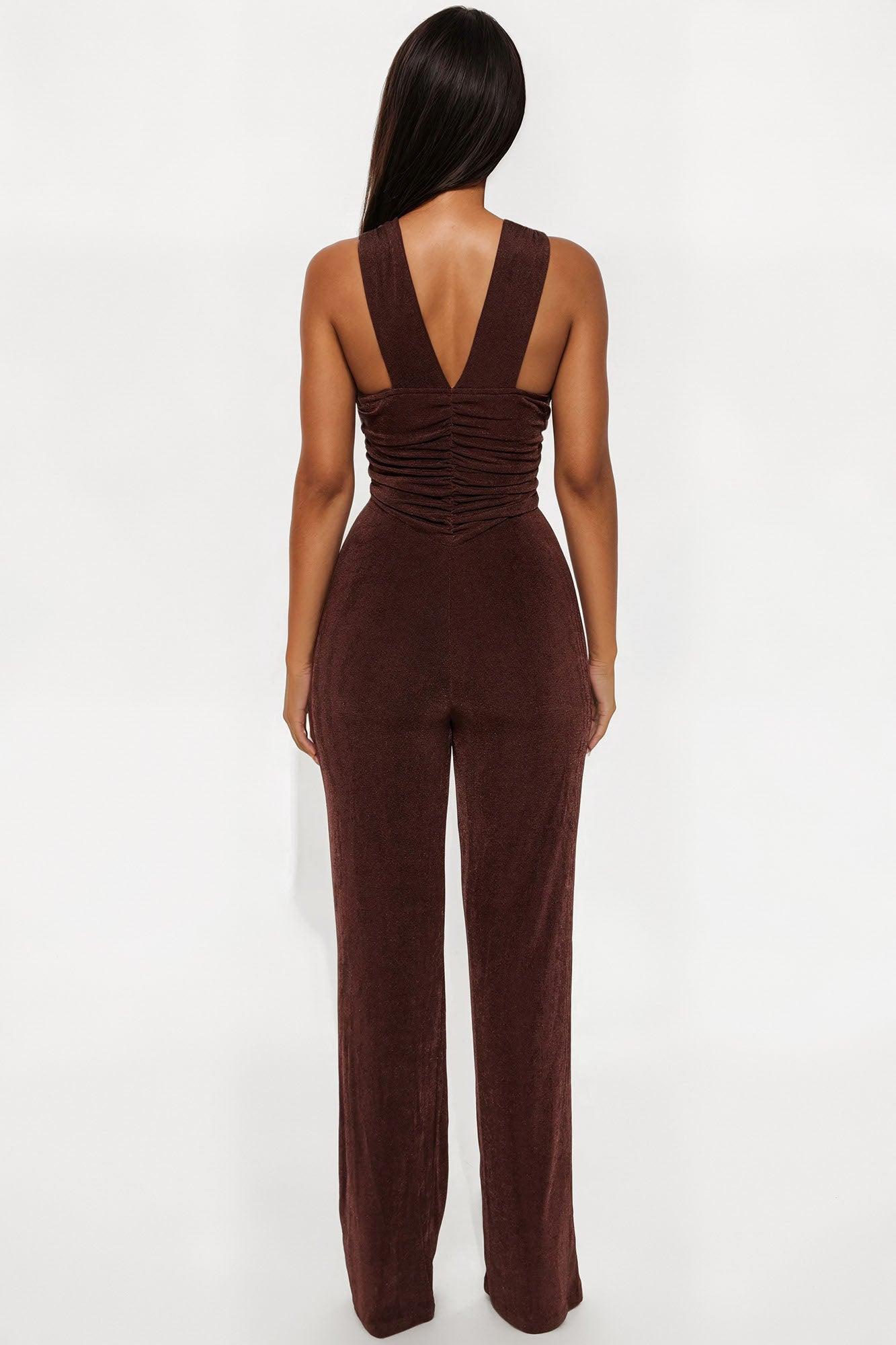 On Your Mind Slinky Wide Leg Jumpsuit - Chocolate Female Product Image
