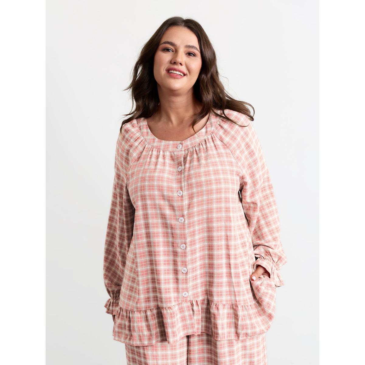 Plus Size Gingham Ruffled Hem Loungewear Set Women Rouge Button Extra Long Sleeve Round Neck Leisure Loungewear Sets BloomChic 26/4X Product Image