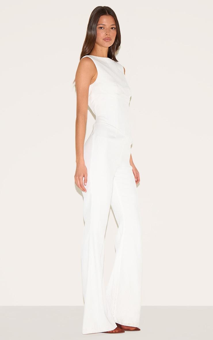White Structured Woven Plunge Back Corset Straight Leg Jumpsuit Product Image