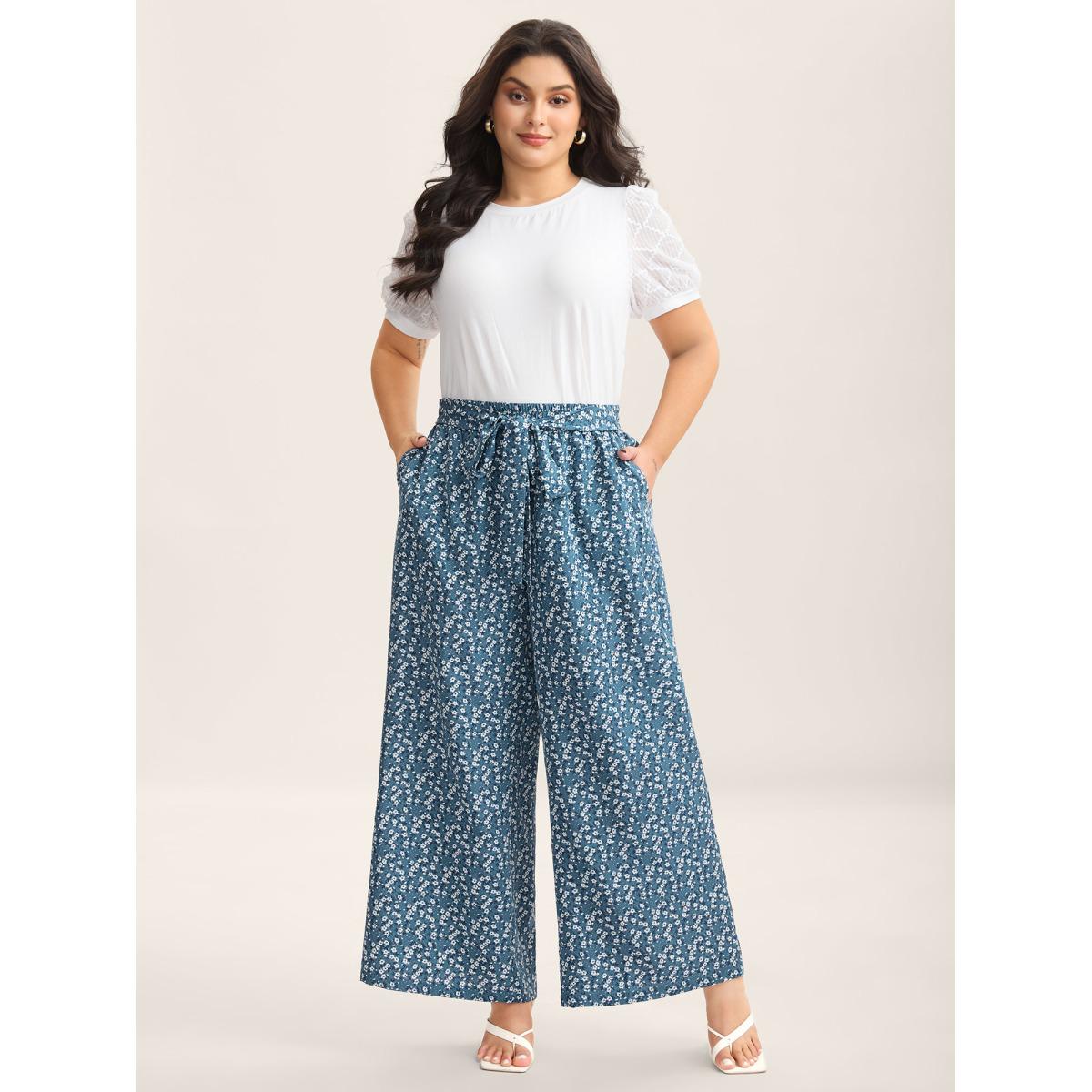 Plus Size Floral Print Belted Wide-Leg Pants Women Mediumblue Elegant Wide Leg Mid Rise Elegant Pants BloomChic 10/M Product Image