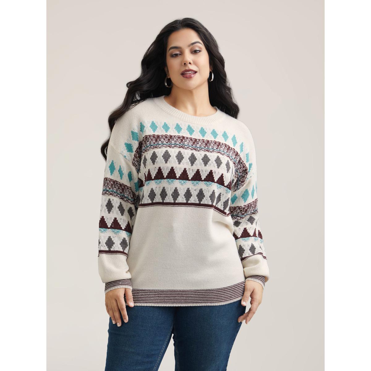 Plus Size Color-Collision Textured Knit Pullover Ivory Women Casual Loose Long Sleeve Everyday Cardigans BloomChic 18-20/2X Product Image