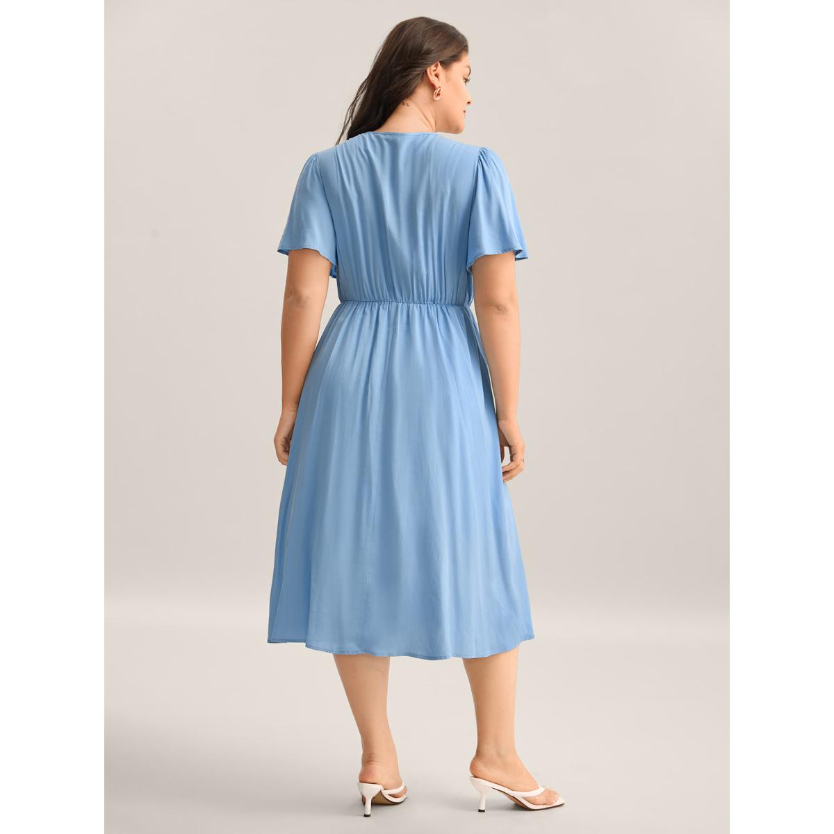 Plus Size Rayon Floral Detail Cinched-Waist Midi Dress Skyblue Women V-neck Short sleeve Curvy BloomChic 14-16/1X Product Image