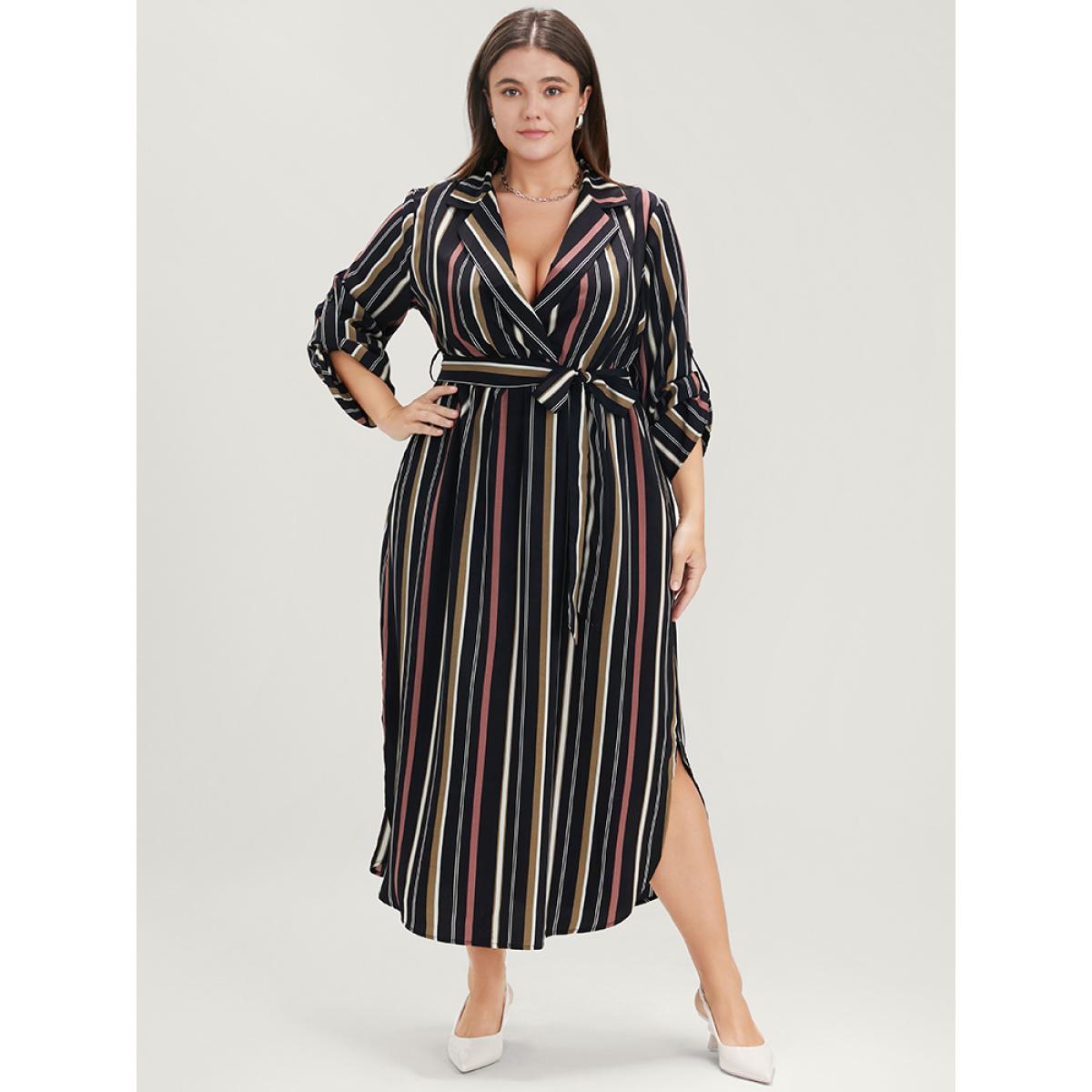 Plus Size Striped Lapel Collar Cuffed Sleeve Pocket Belted Arc Hem Dress DarkBlue Women Office Belted Lapel Collar Long Sleeve Curvy Midi Dress BloomChic 30/6X Product Image