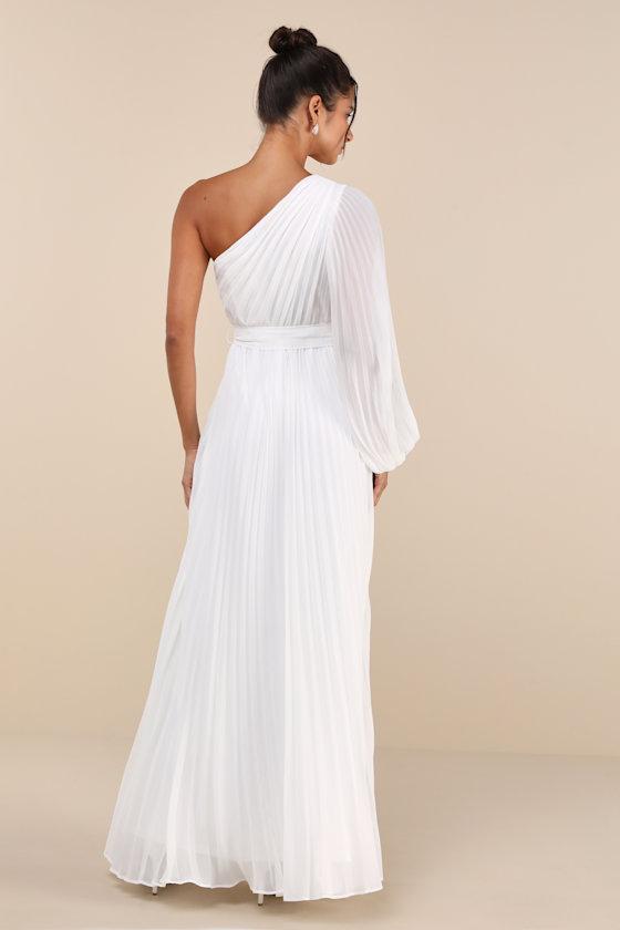 Divine Charm White Pleated One-Shoulder Maxi Dress Product Image