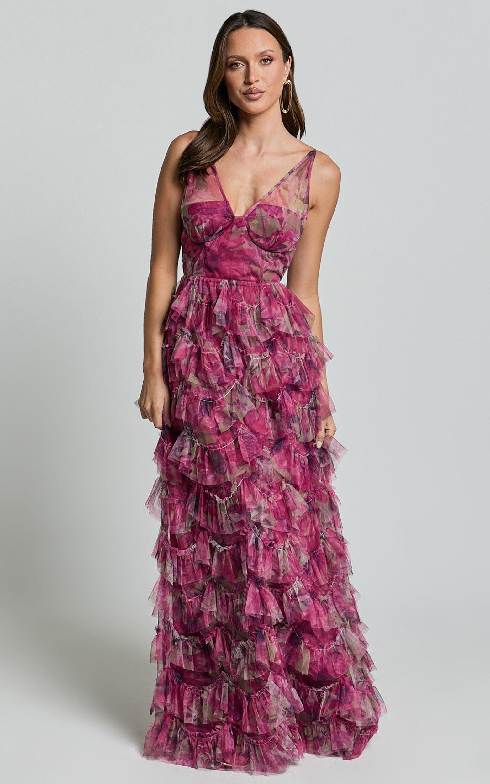 Amalie The Label - Josette Tulle Tiered Maxi Dress in Pink Floral Product Image
