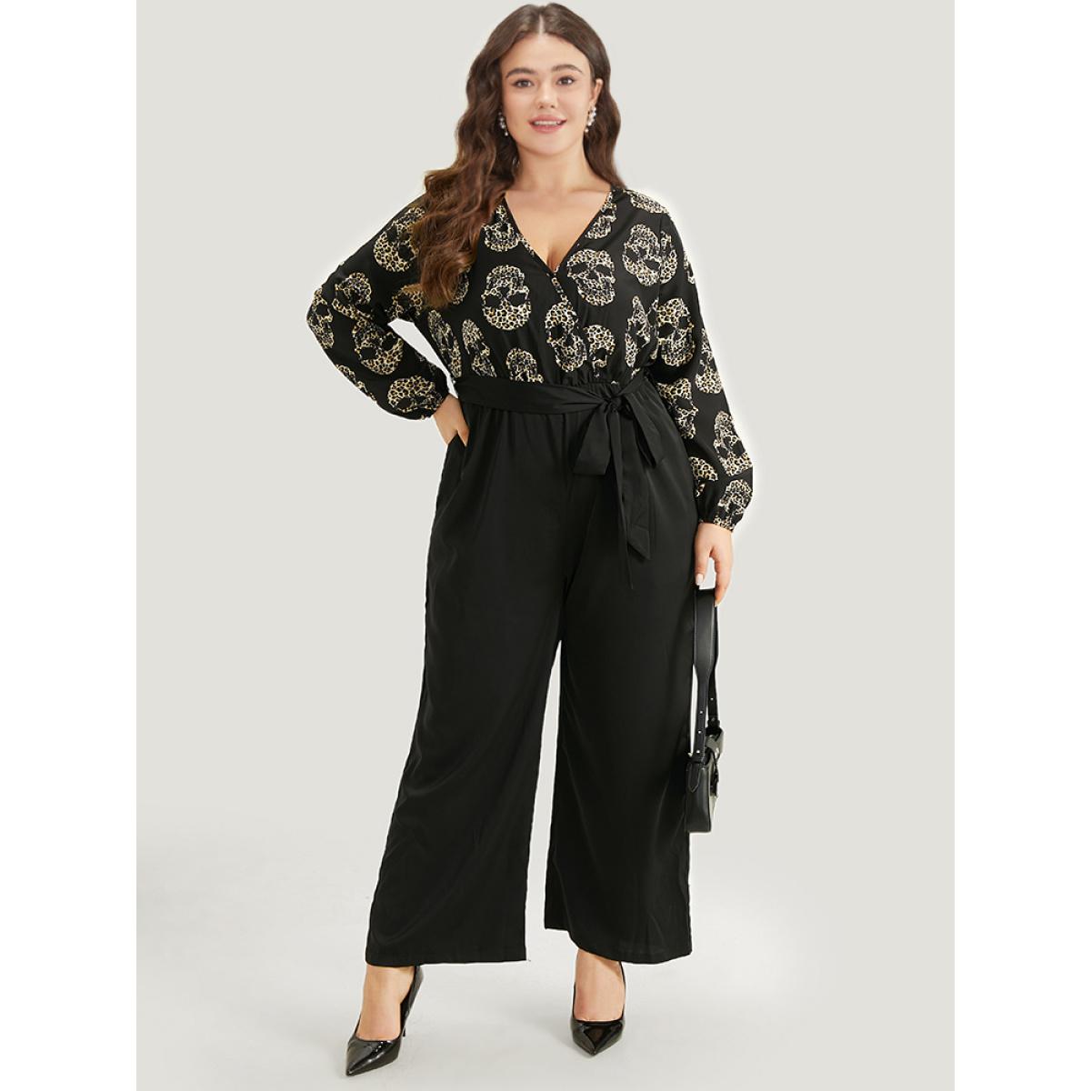 Plus Size BlackFlower Halloween Skull Print Pocket Elastic Waist Belted Jumpsuit Women Office Long Sleeve V-neck Festival-Halloween Loose Jumpsuits BloomChic 28/5X Product Image