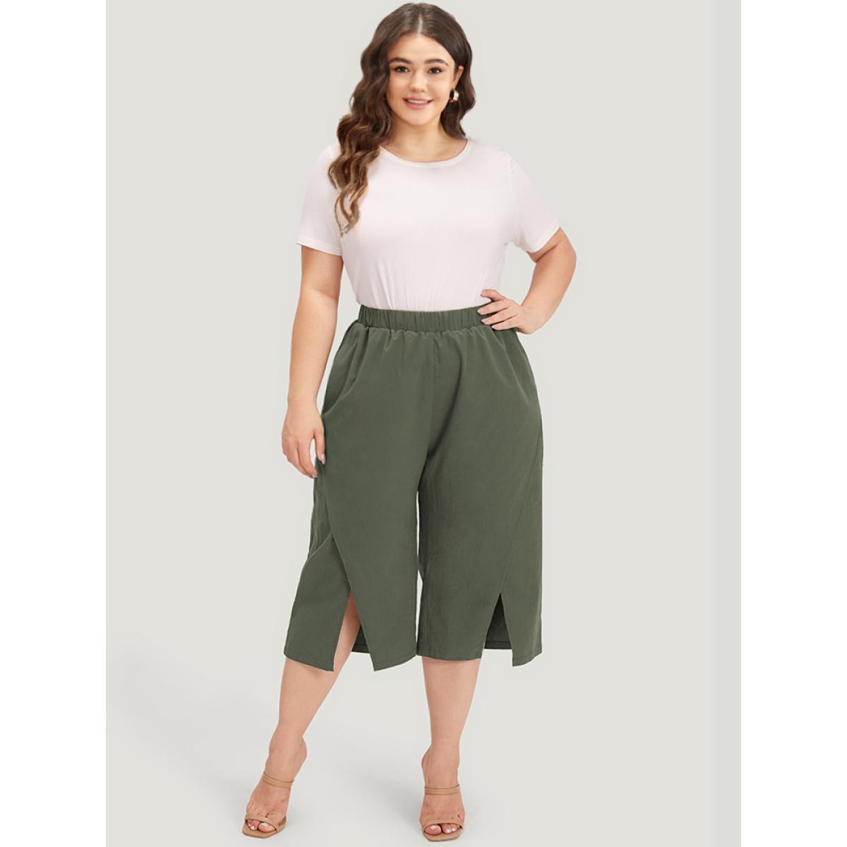 Plus Size Solid Pocket Wrap Hem Elastic Waist Pants Women ArmyGreen Casual Straight Leg High Rise Dailywear Pants BloomChic 14-16/1X Product Image