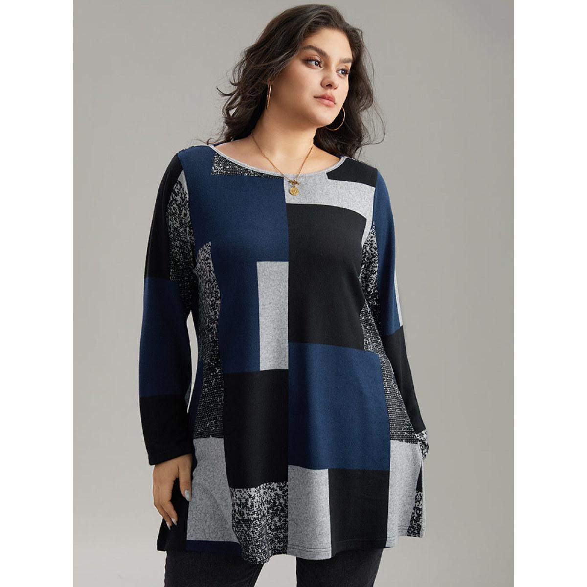 Plus Size Colorblock Contrast Round Neck T-shirt Indigo Women Leisure Contrast Colorblock Boat Neck Casual T-shirts BloomChic 12/L Product Image