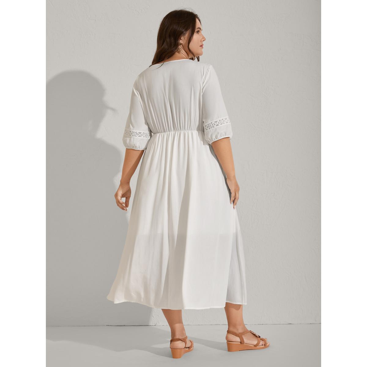 Plus Size Rayon Lace Trim Cinched-Waist Midi Dress Ivory Women Notched collar Half Sleeve Curvy BloomChic 26/4X Product Image