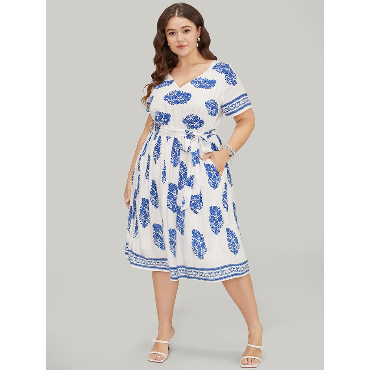 Plus Size Floral Print Pocket Belted Ruffle Hem Knee Dress Blue Women Vacation Printed V-neck Short sleeve Curvy Knee Dress BloomChic 22-24/3X Product Image