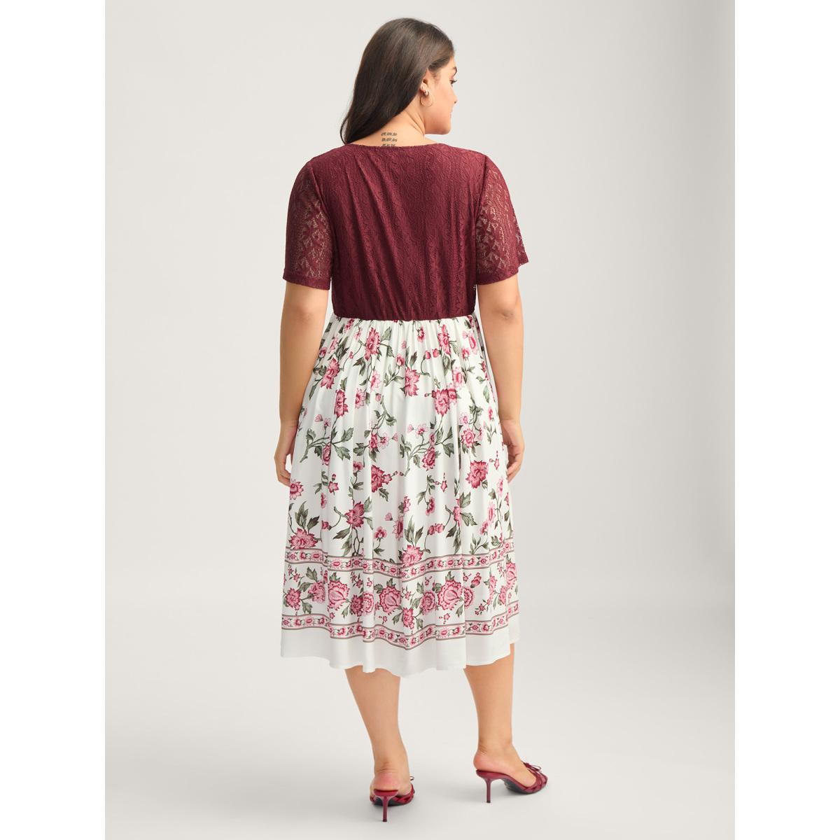 Plus Size Floral Lace Stretchy Waist Contrast Midi Dress Burgundy Women Round Neck Short sleeve Curvy BloomChic 22-24/3X Product Image
