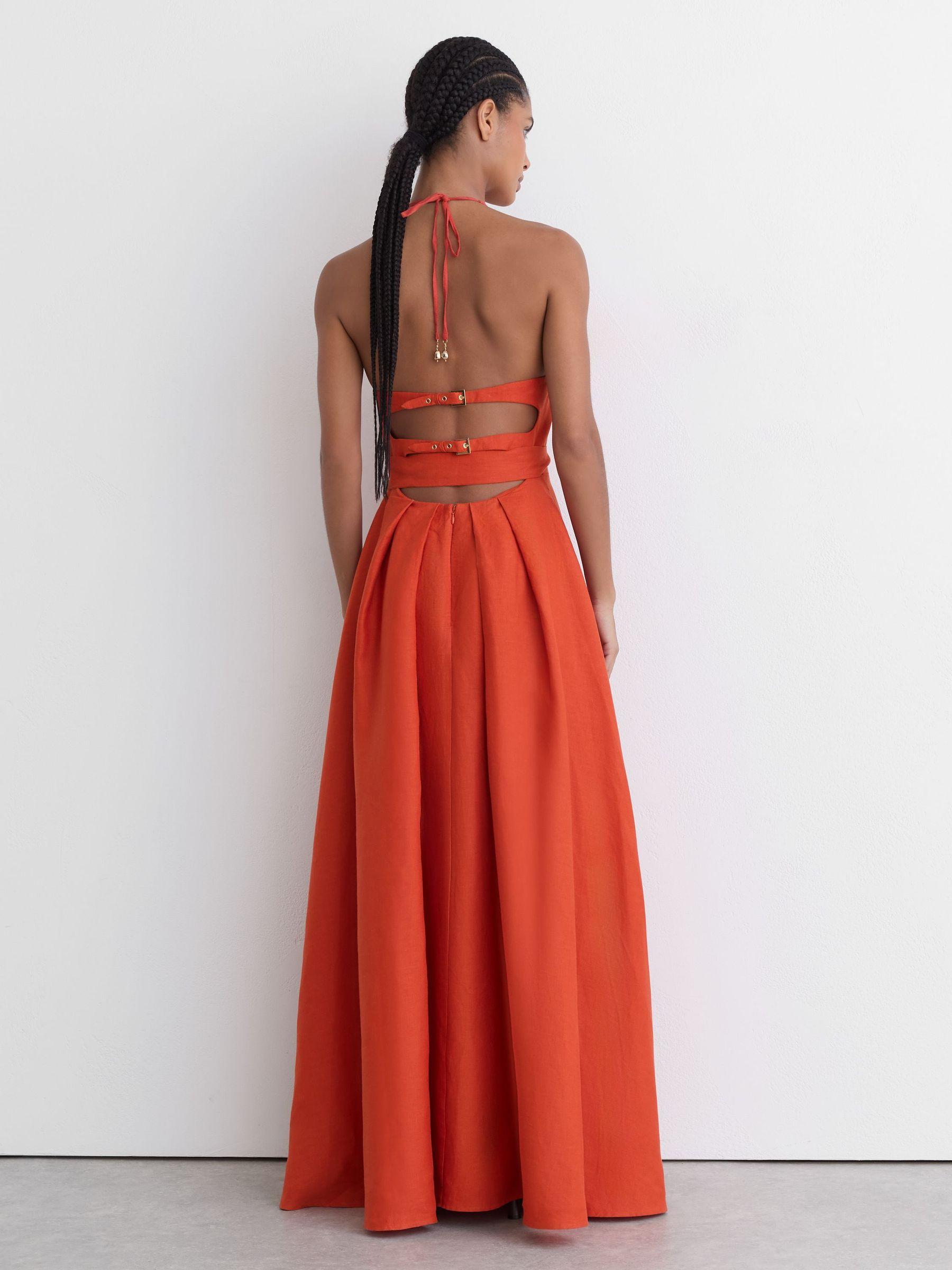 Linen Open-Back Maxi Dress in Coral Orange Product Image