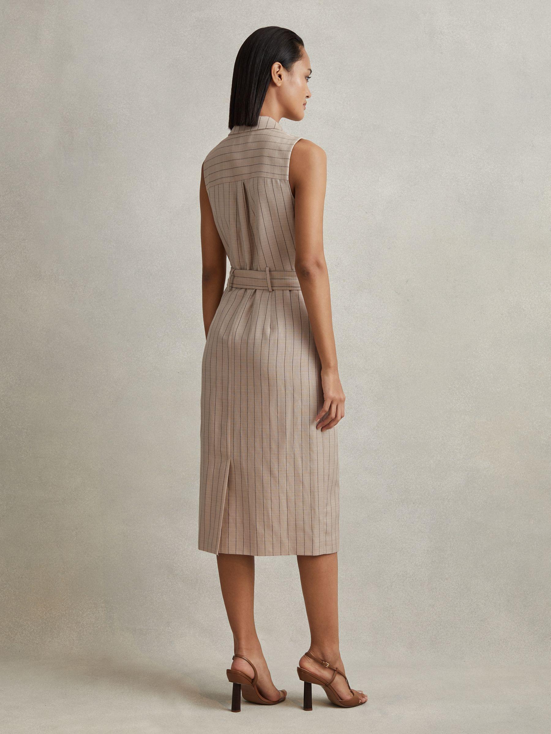 Wool Blend Striped Double Breasted Midi Dress in Neutral Product Image