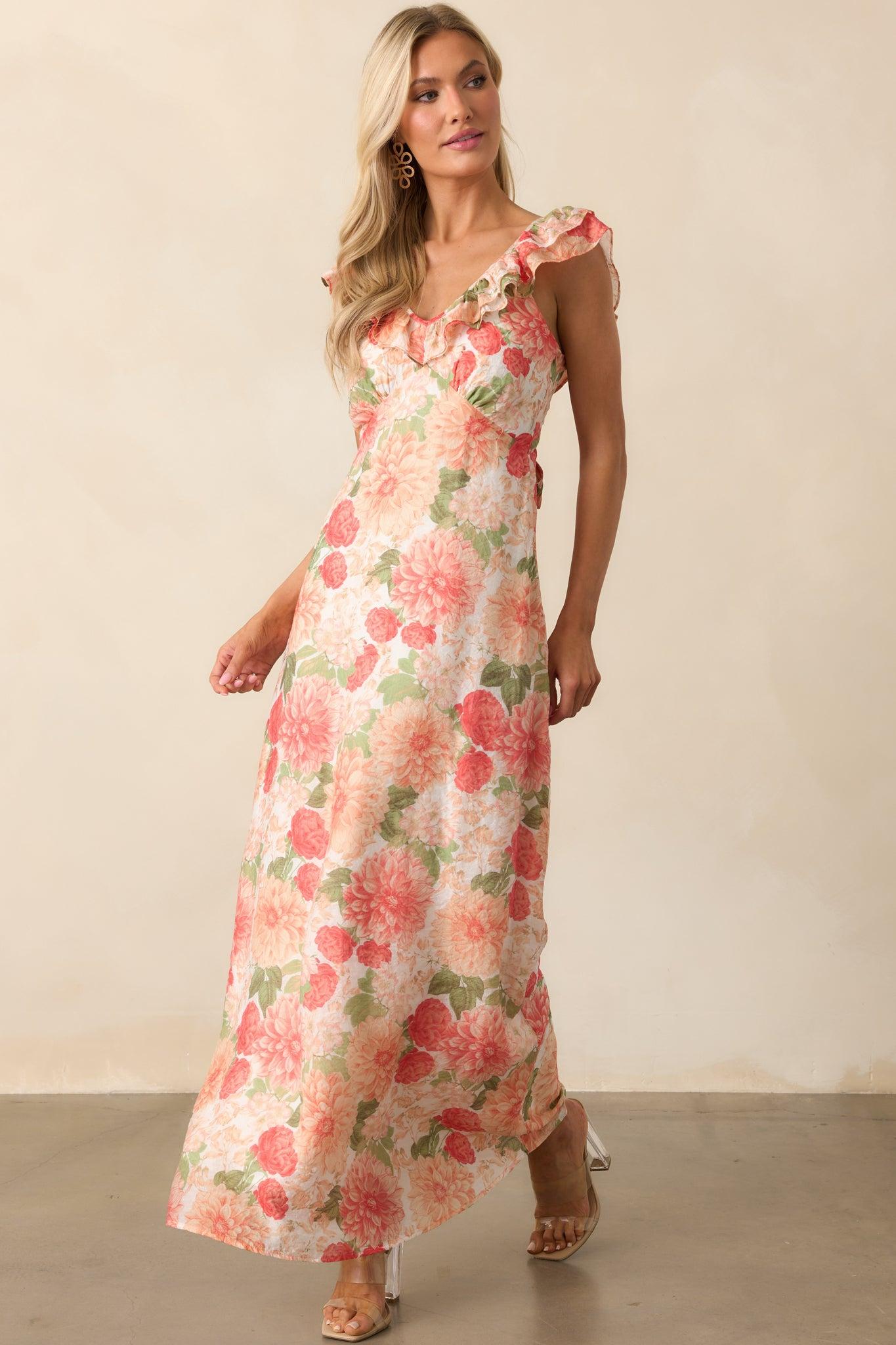 MINKPINK Apricot Floral Aida Frill Maxi Dress Product Image