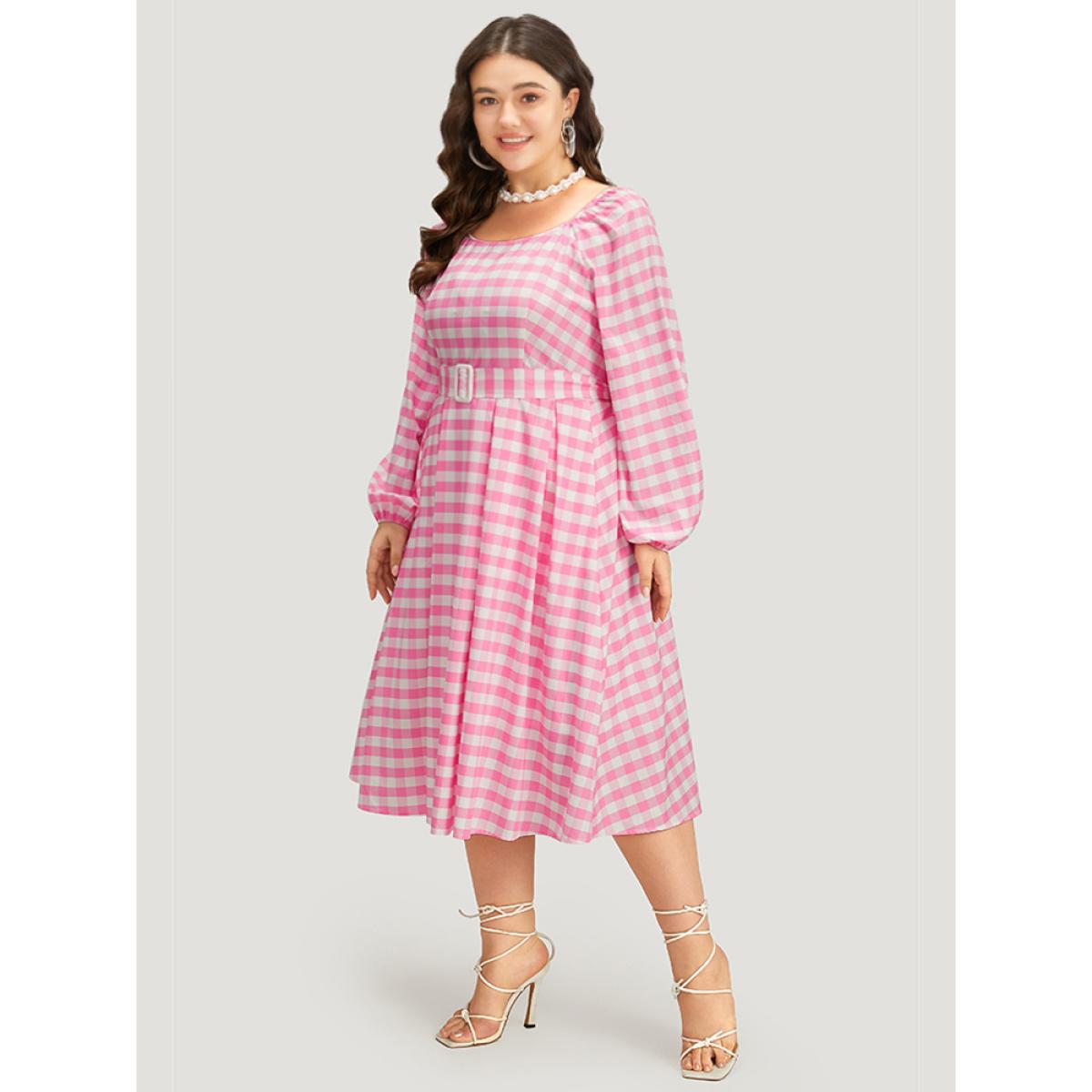 Plus Size Halloween Plaid Print Belted Square Neck Lantern Sleeve Dress Pink Women Elegant Elastic cuffs Square Neck Long Sleeve Curvy Midi Dress BloomChic 30/6X Product Image