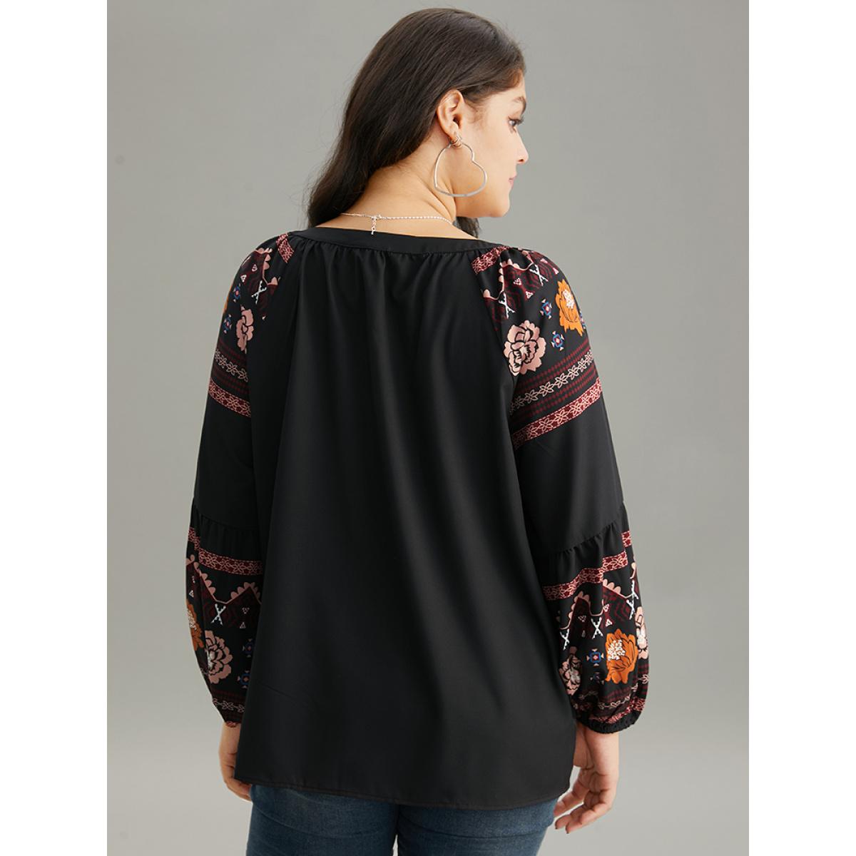 Plus Size Black Boho Print Tie Neck Tassel Trim Blouse Women Vacation Long Sleeve Tie Neck Dailywear Blouses BloomChic 12/L Product Image