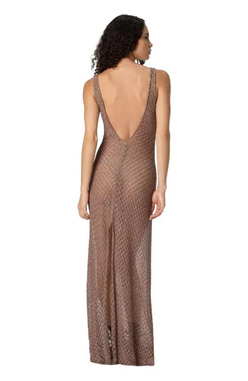 MISSONI Open Knit V-neck Knitted Dress In Brown Product Image