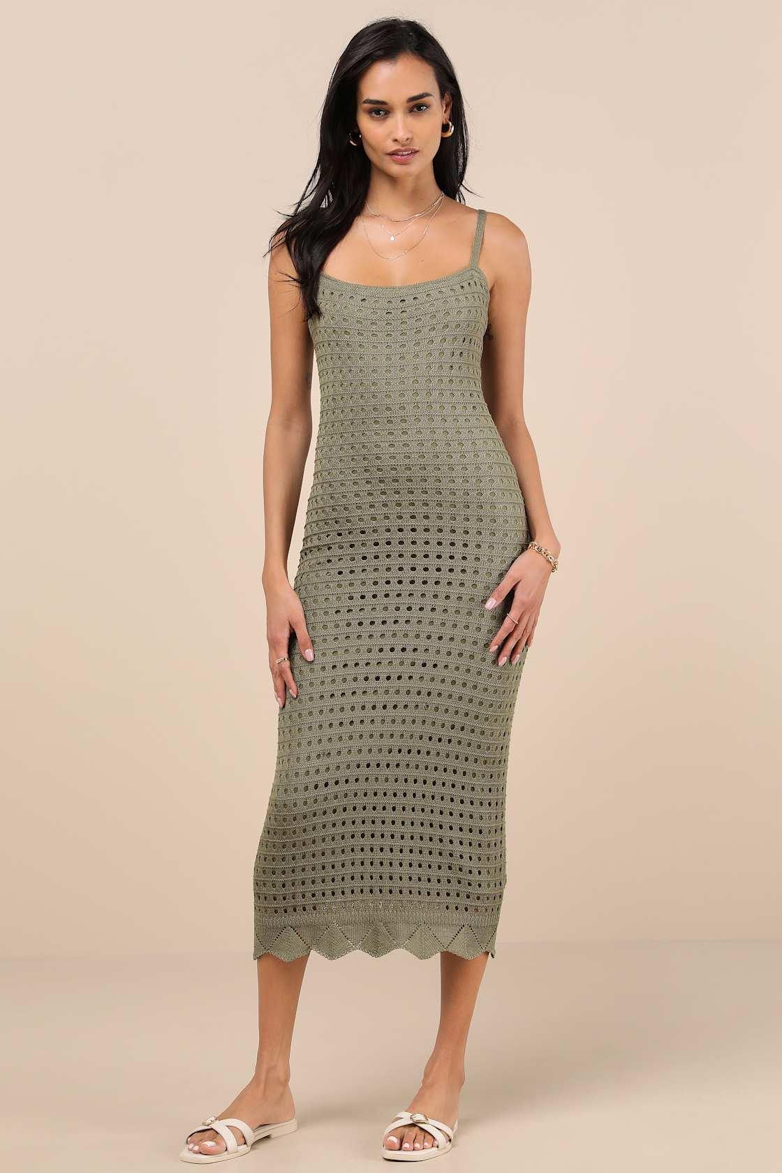 Ventura Vision Olive Green Crochet Lace-Up Midi Dress Product Image