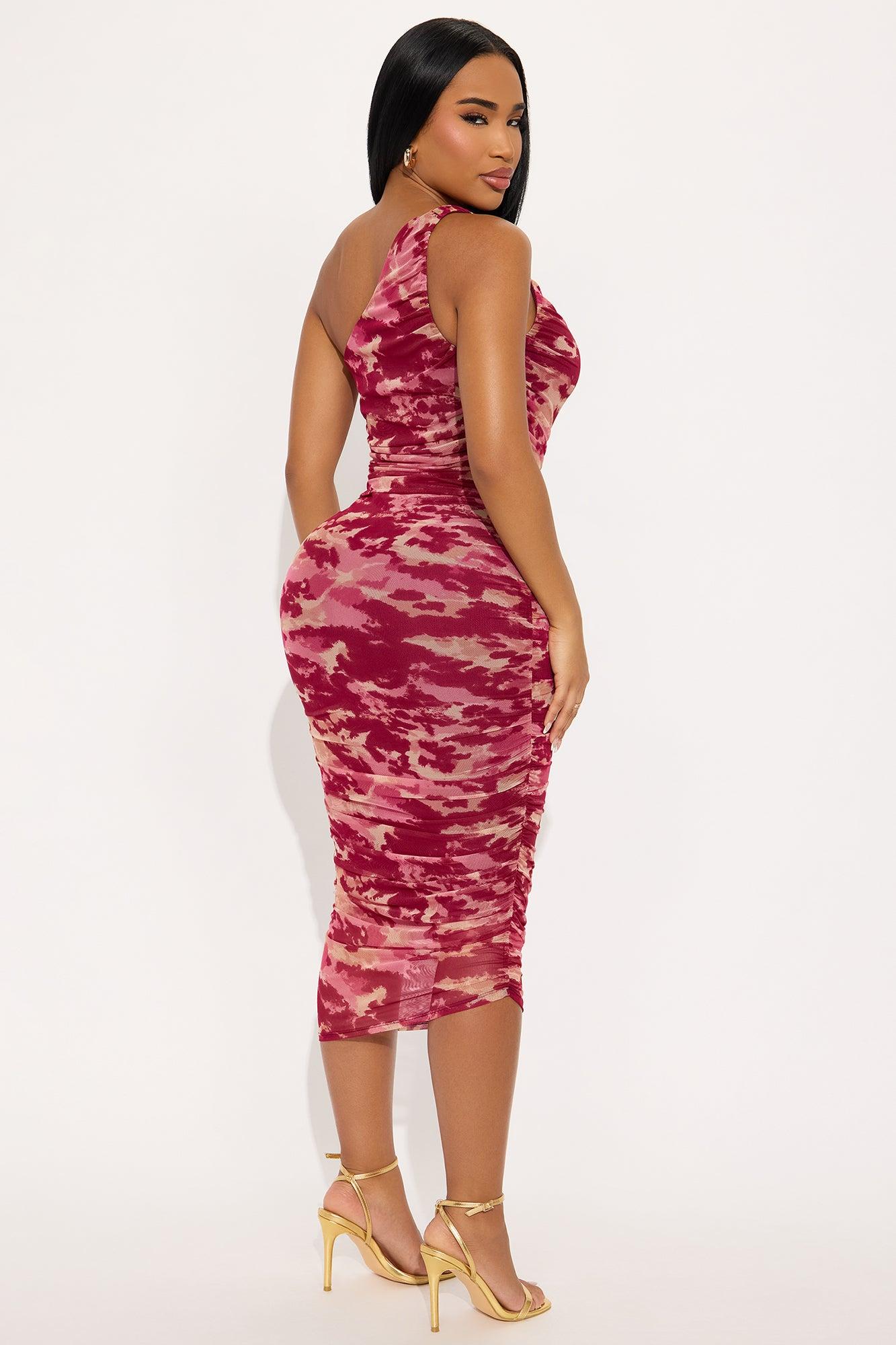 Bella Ruched Mesh Midi Dress - Burgundy/combo Female Product Image