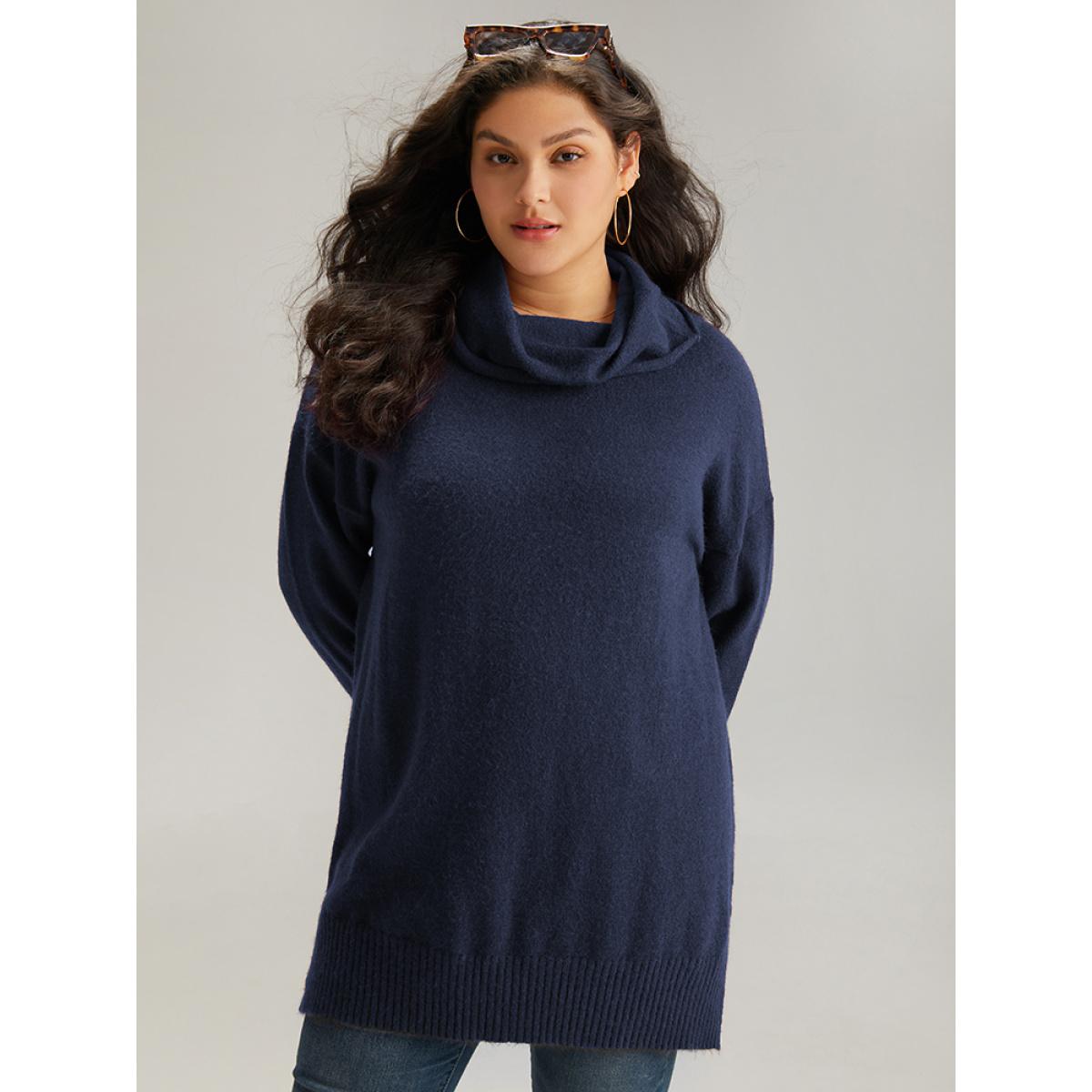 Plus Size Anti-Pilling Split Side Turtle Neck Pullover Midnight Women Casual Loose Long Sleeve Lapel Collar Everyday Pullovers BloomChic 10/M Product Image
