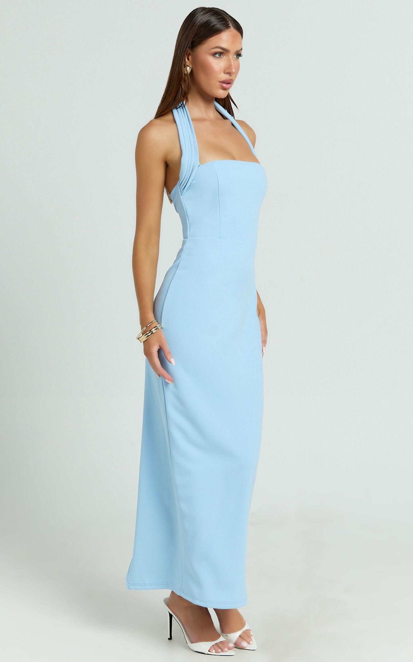 Salome Midi Dress - Halter Neck Column Dress in Blue Product Image