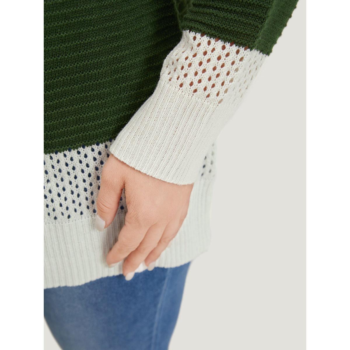 Plus Size Two Tone Colorblock Patchwork Cut Out Pullover Ivory Women Casual Loose Long Sleeve Round Neck Dailywear Pullovers BloomChic 12/L Product Image