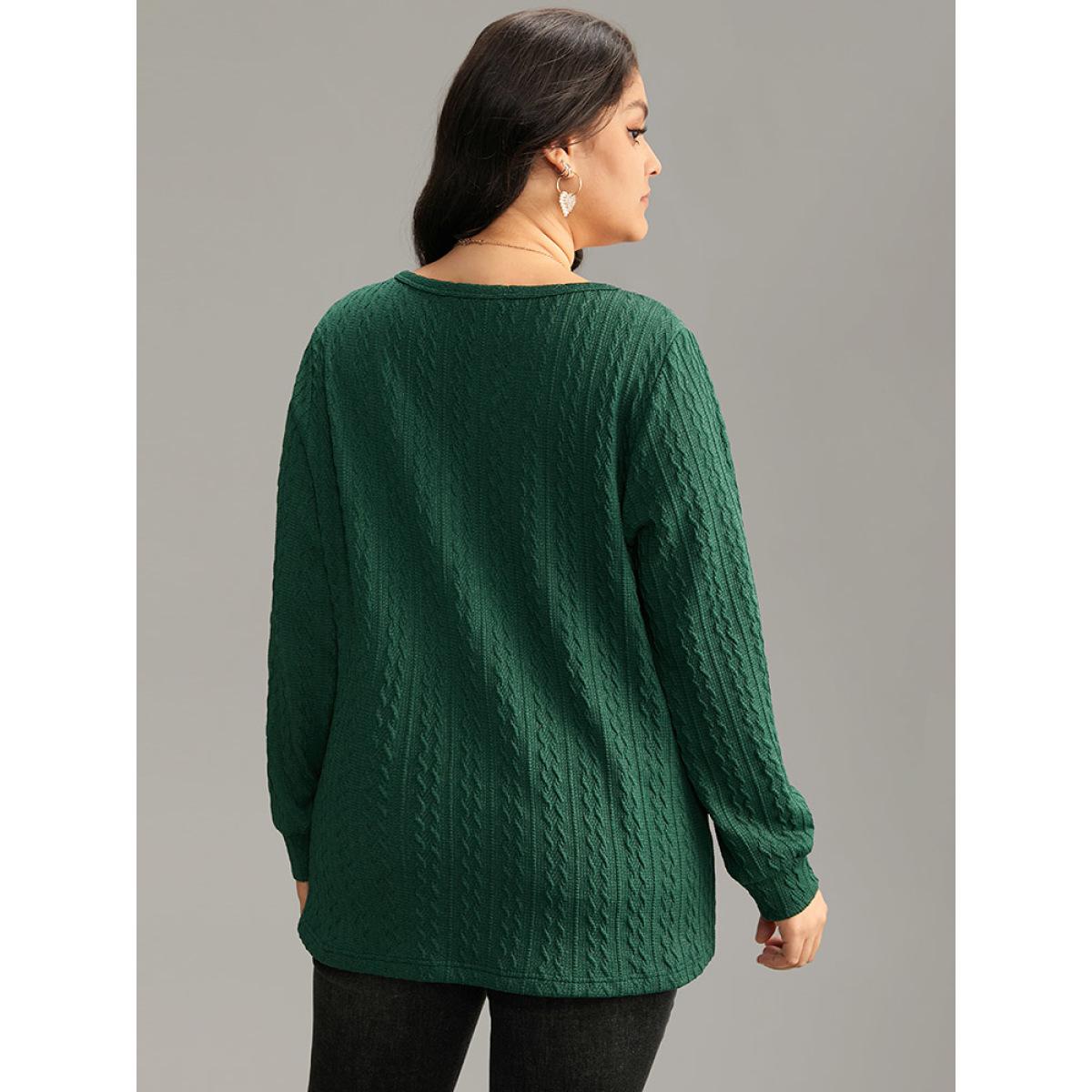 Plus Size Textured Plain Button Up V Neck Sweatshirt Women Green Casual Texture V-neck Dailywear Sweatshirts BloomChic 22-24/3X Product Image