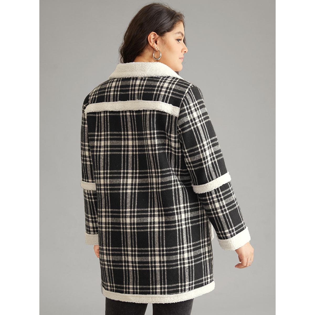 Plus Size Lapel Collar Plaid Pocket Fuzzy Trim Coat Women Black Casual Lined Ladies Dailywear Winter Coats BloomChic 10/M Product Image