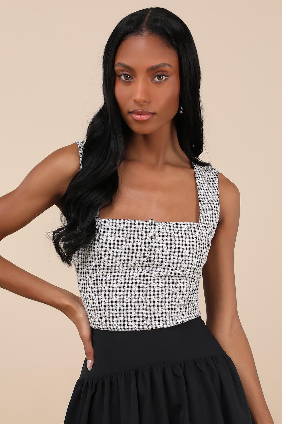 Kotone Black and White Gingham Embroidered Sleeveless Top Product Image