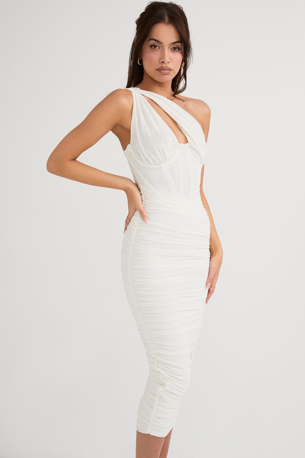 Valentina  ivory asymmetric cutout midi dress Product Image
