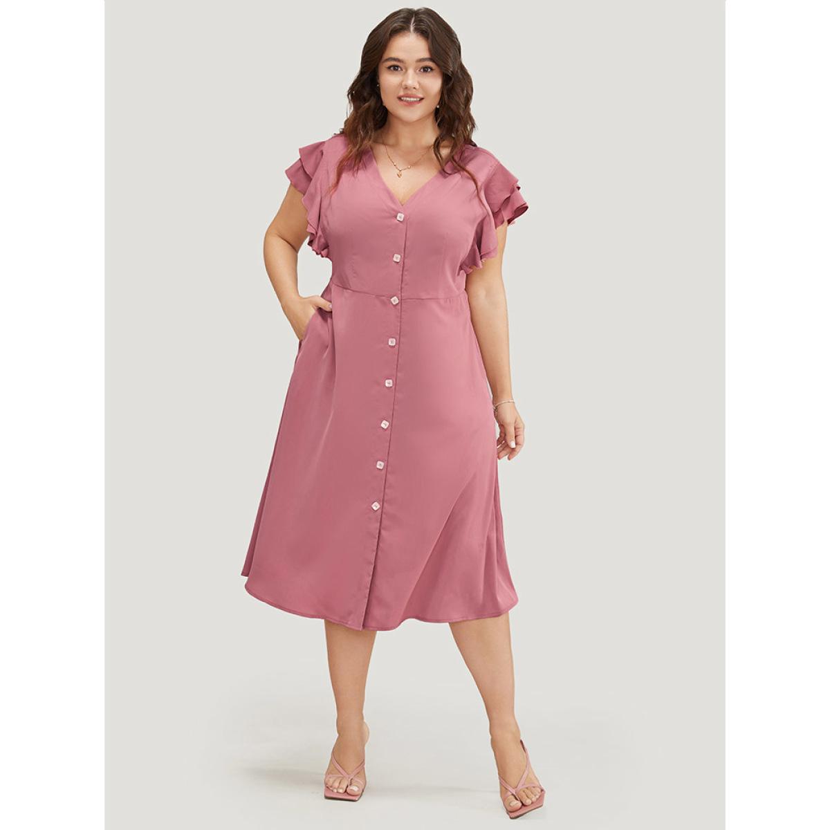 Plus Size Plain Ruffle Sleeve Pocket Tiered Button Up Dress Rouge Women Elegant Button V-neck Short sleeve Curvy Midi Dress BloomChic 26/4X Product Image