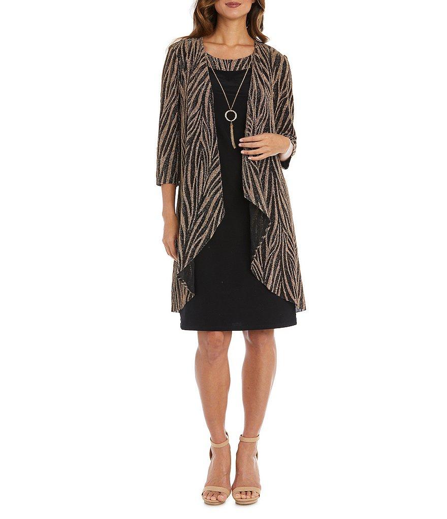 R & M Richards Crew Neck Metallic Jacquard 2-Piece Jacket Dress Product Image