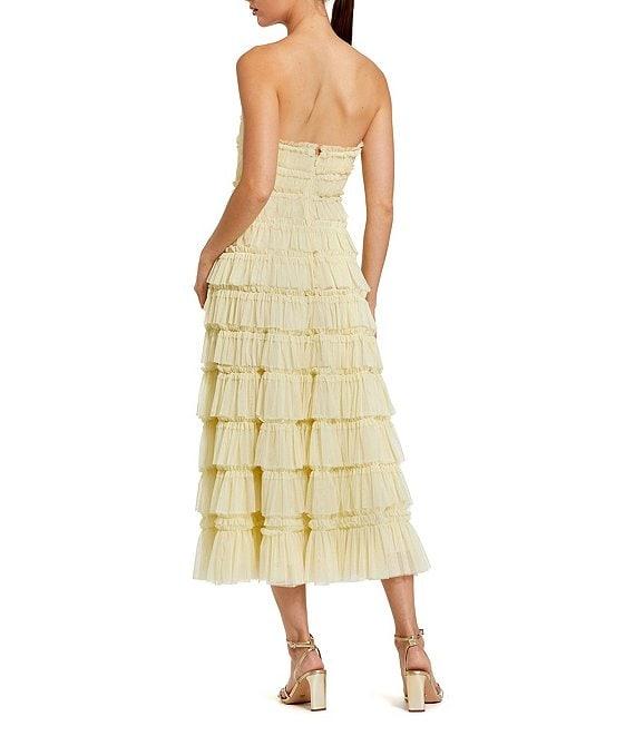 Mac Duggal Strapless Tiered Micro Ruffle Mesh A-Line Midi Dress Product Image