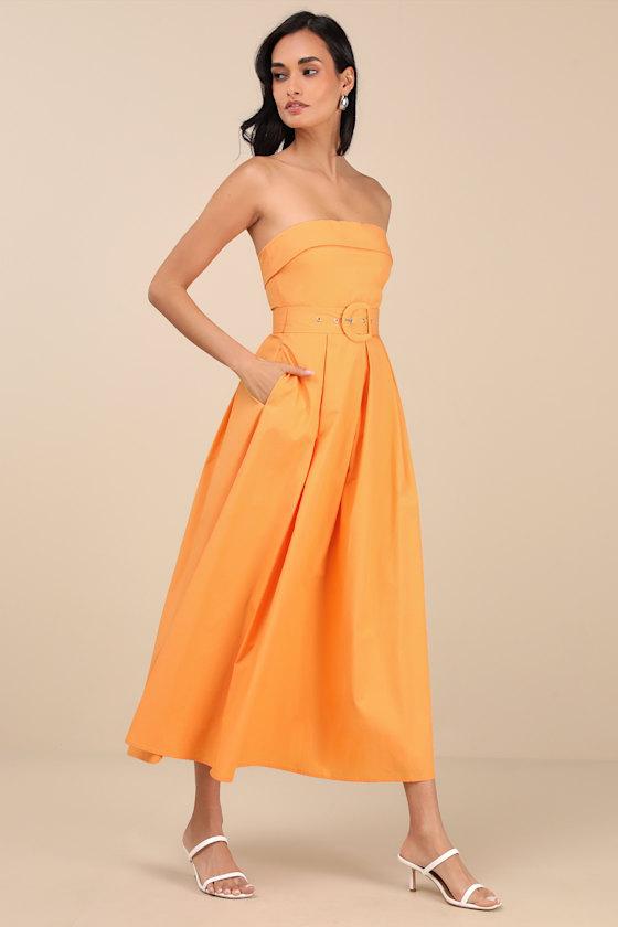 Trendsetting Choice Orange Strapless Midi Dress With Pockets Product Image
