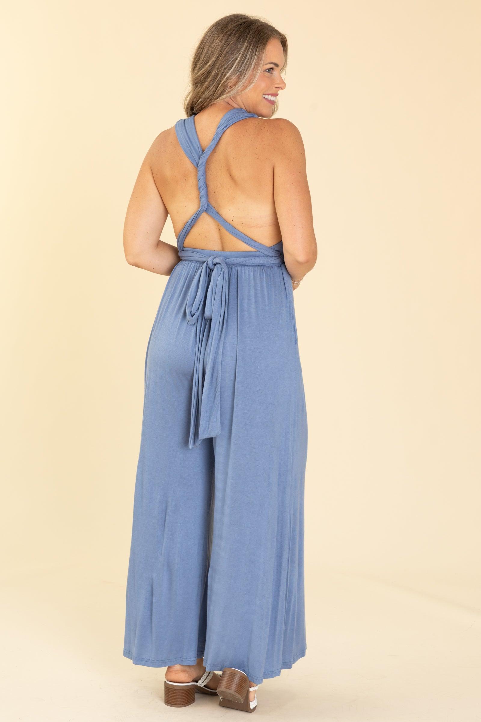 Dusty Blue Convertible Strap Wide Leg Jumpsuit Product Image