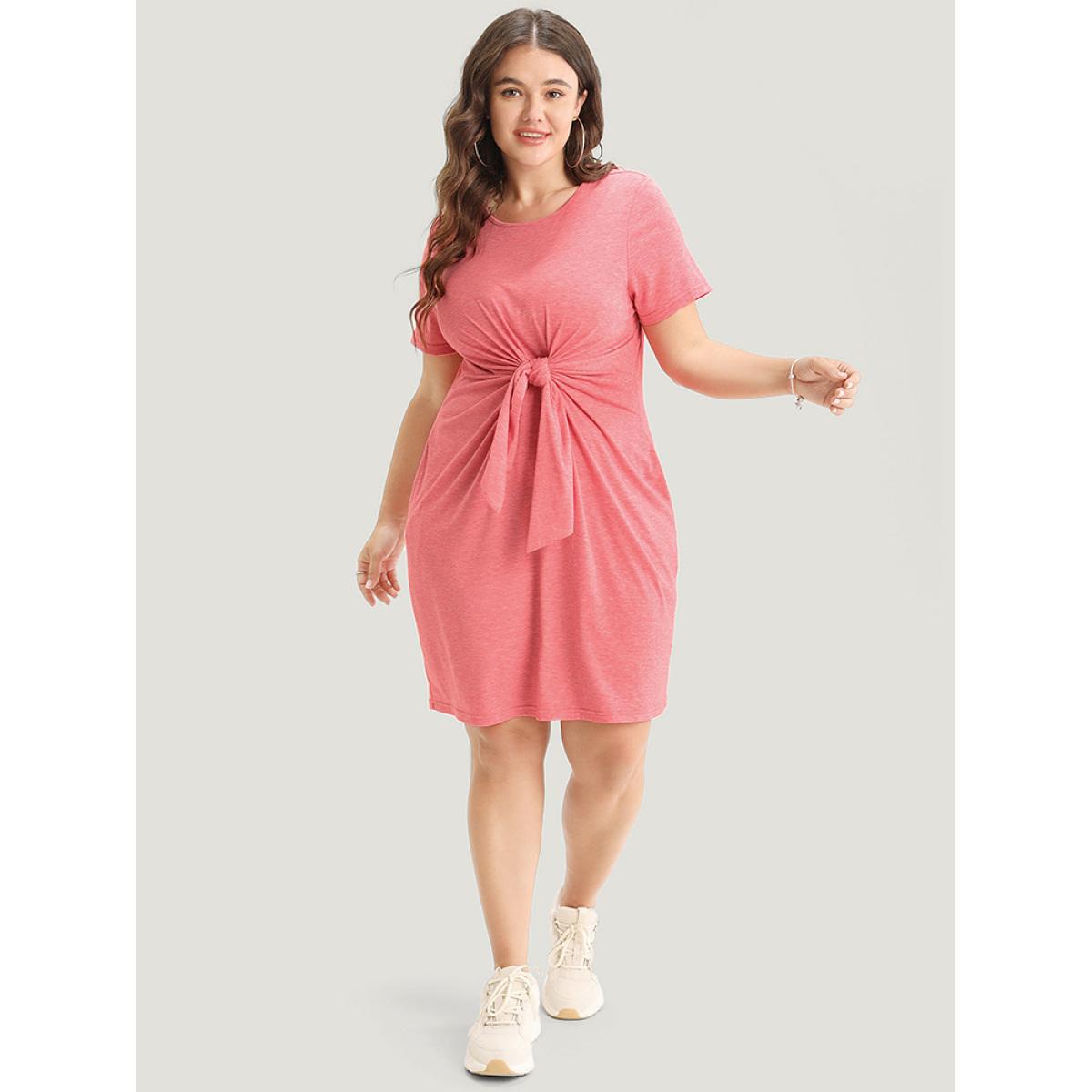 Plus Size Solid Round Neck Pocket Knot Front Knee Dress Watermelon Women Casual Plain Round Neck Short sleeve Curvy Knee Dress BloomChic 26/4X Product Image